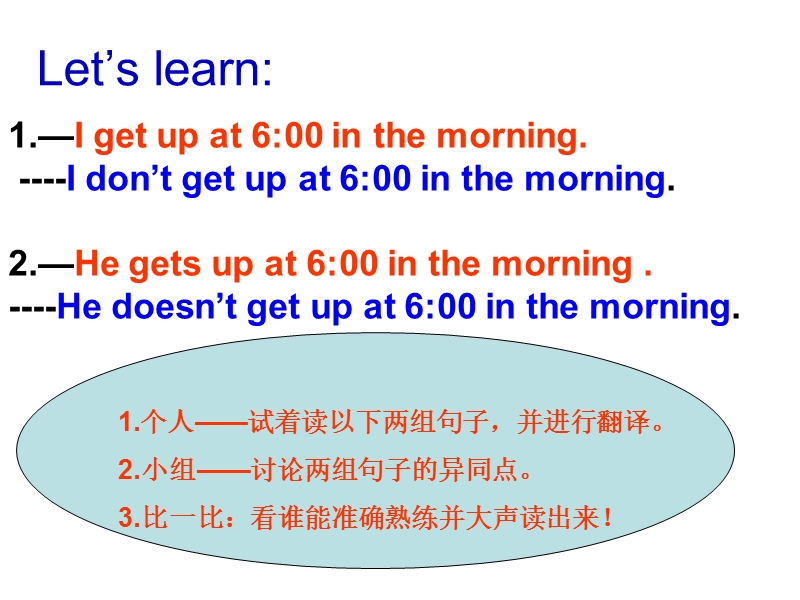 【人教精通版】英语六年级上：Unit 1《I go to school at 8：00.》（Lesson 4）课件（2）_第3页
