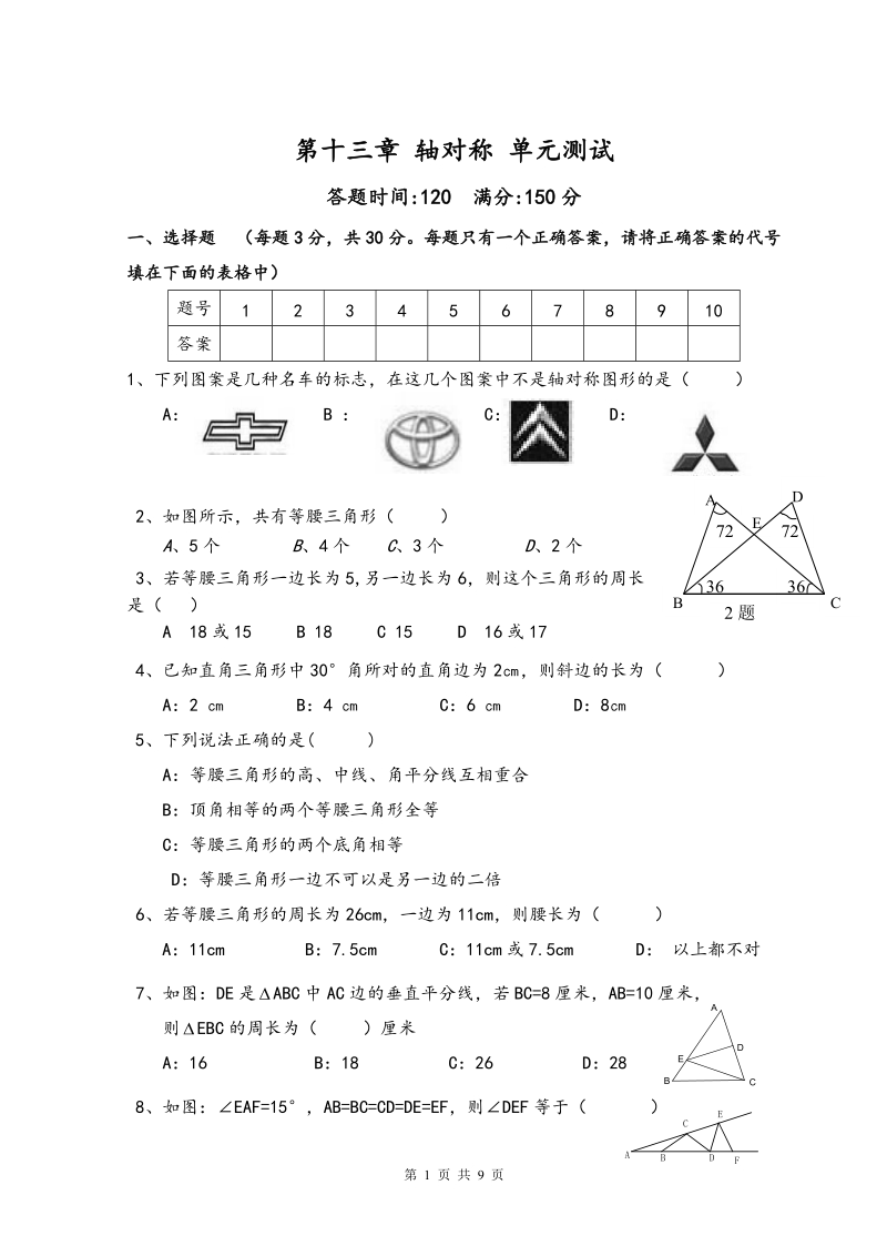 人教版八年级数学上册《第13章轴对称》单元检测(含答案)_第1页