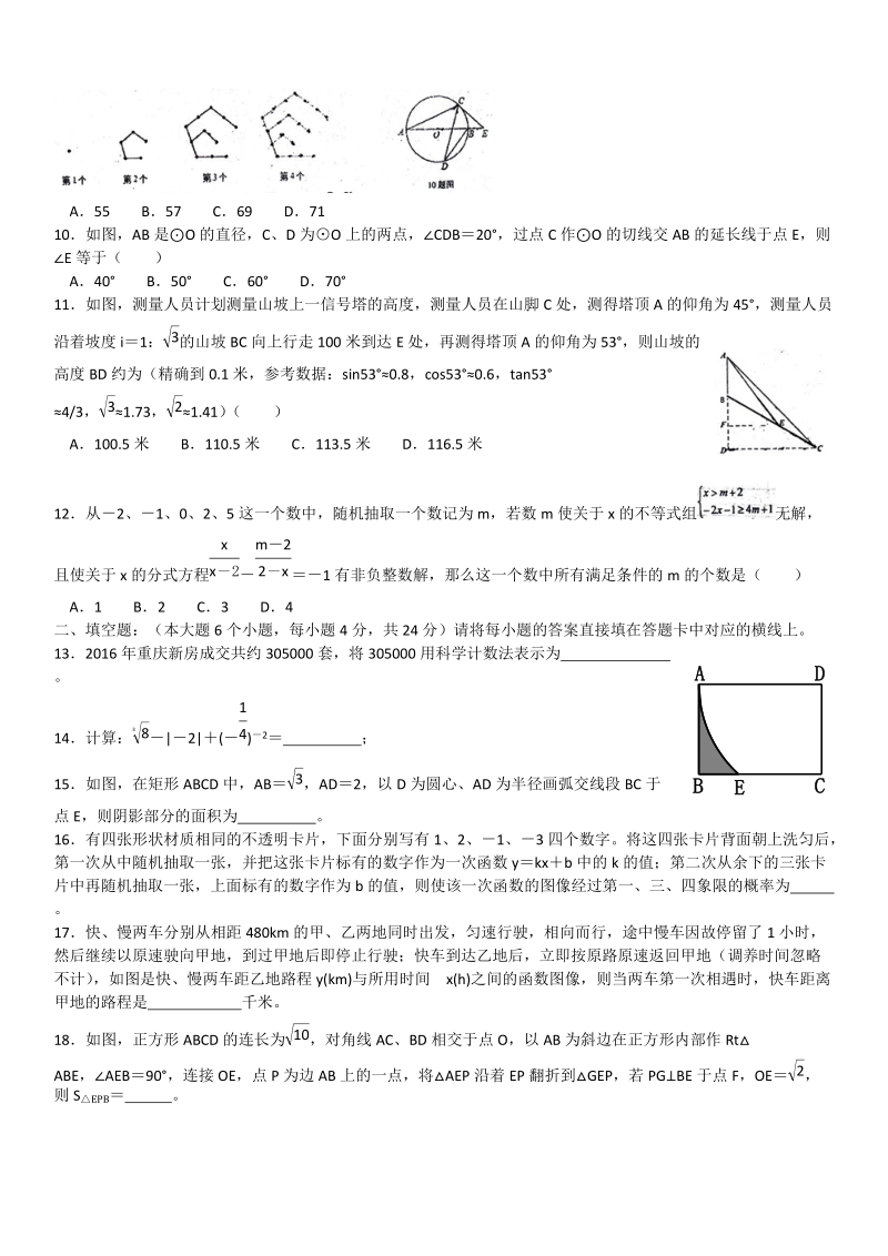 重庆市外国语学校2017年中考一模数学试题及答案_第2页