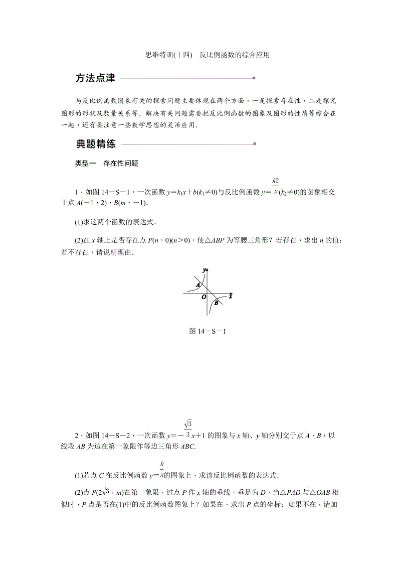 北师大版九年级数学上思维特训(十四)含答案：反比例函数的综合应用