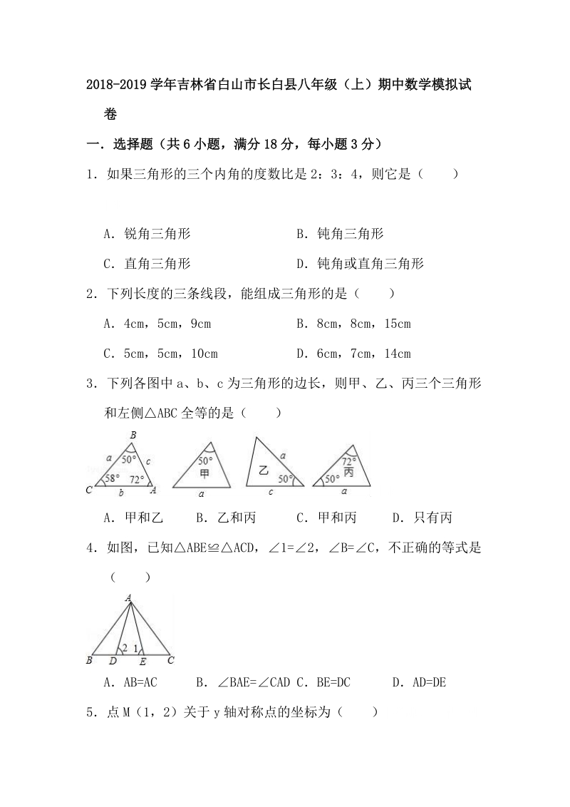 吉林省白山市长白县2018-2019学年八年级（上）期中数学模拟试卷（含答案）_第1页