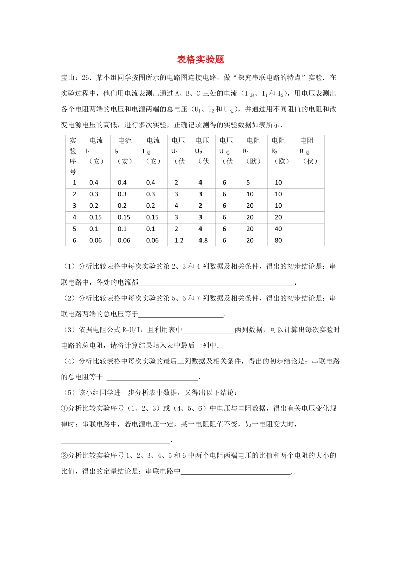 上海市各区2017届中考物理一模试卷按考点分类汇编：表格实验题_第1页