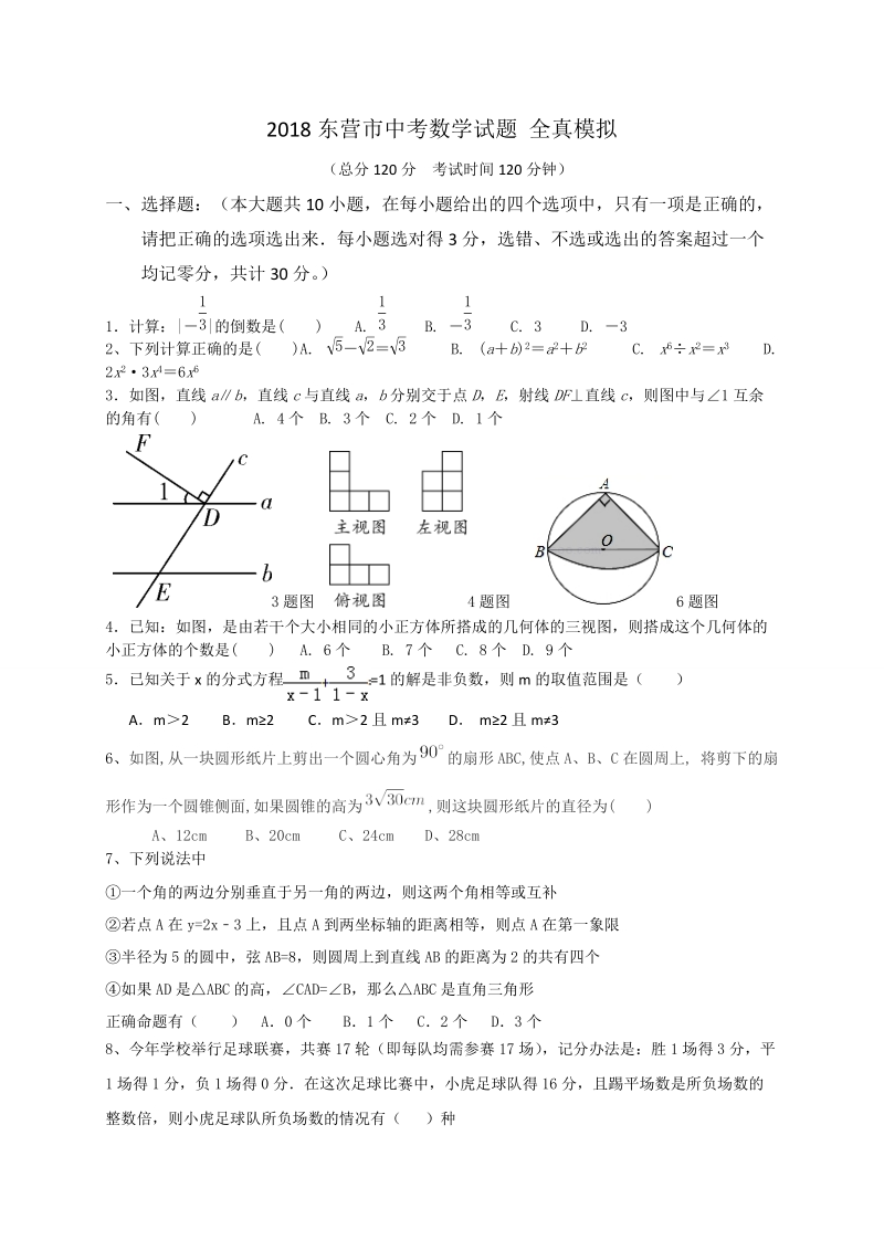 2018年山东省东营市中考数学全真模拟试题（含答案）_第1页