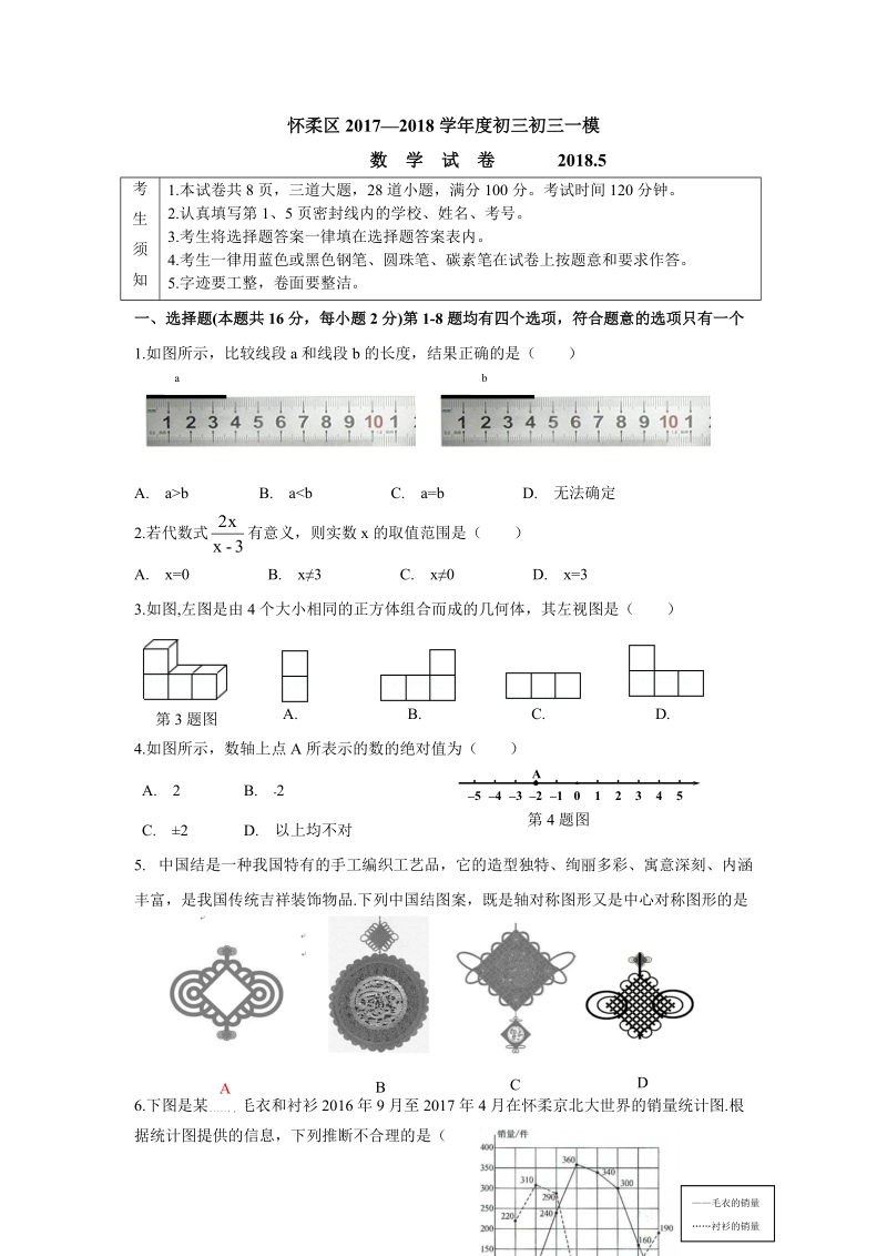 2018年北京市怀柔区中考一模数学试卷（含答案）_第1页