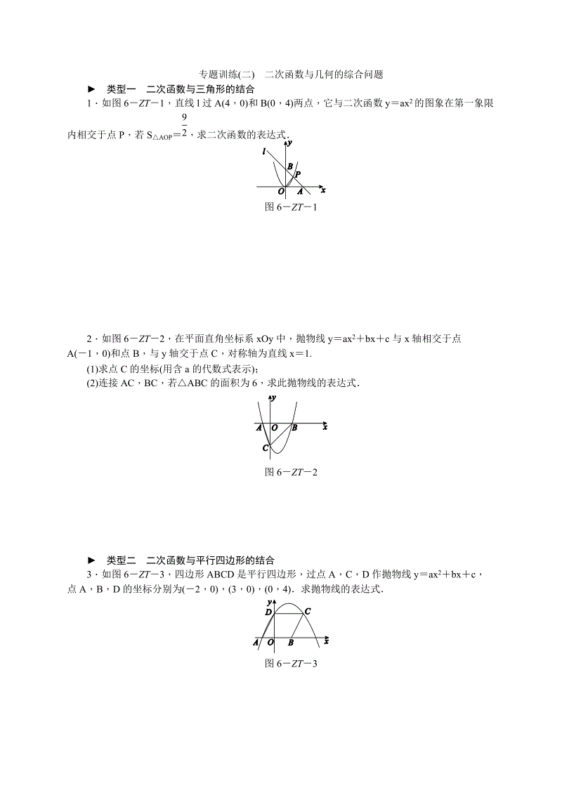北师大版九年级数学下册专题训练(二)二次函数与几何的综合问题（含答案）