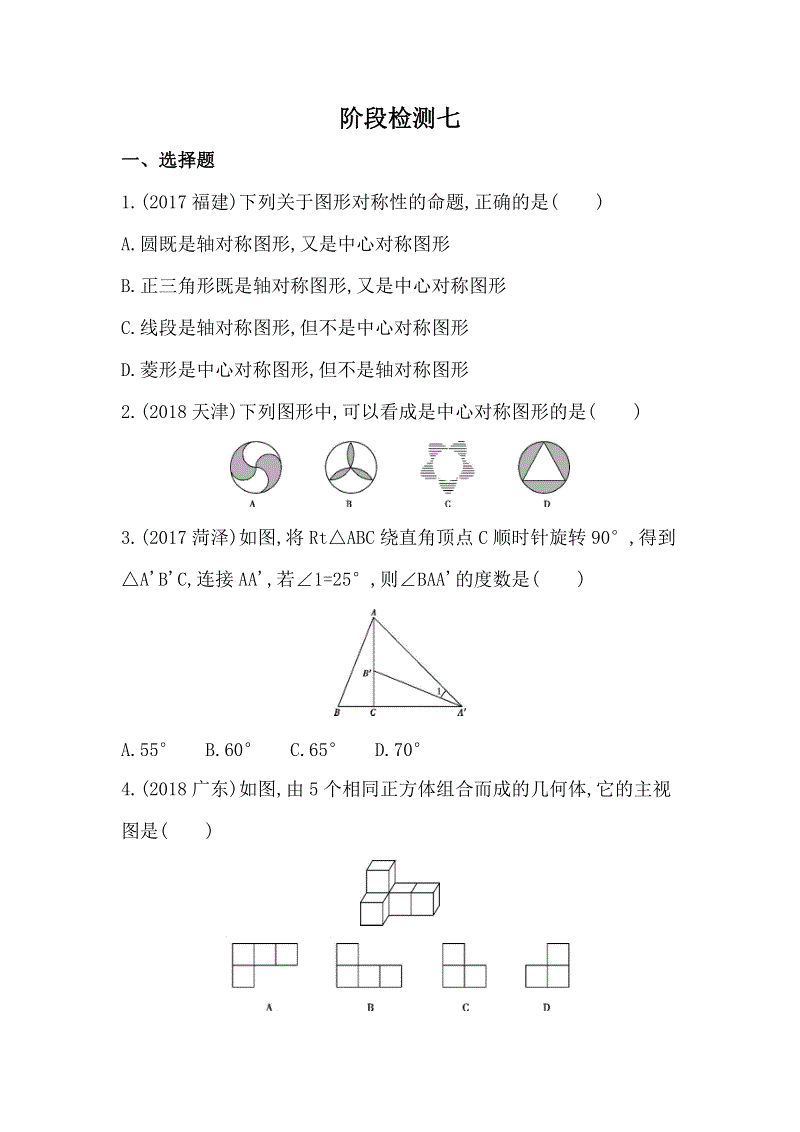 2019版山东省泰安中考数学阶段检测试卷（七）含答案