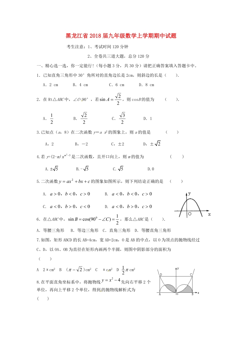 黑龙江省2018届（五四制）九年级数学上期中试题（含答案）_第1页