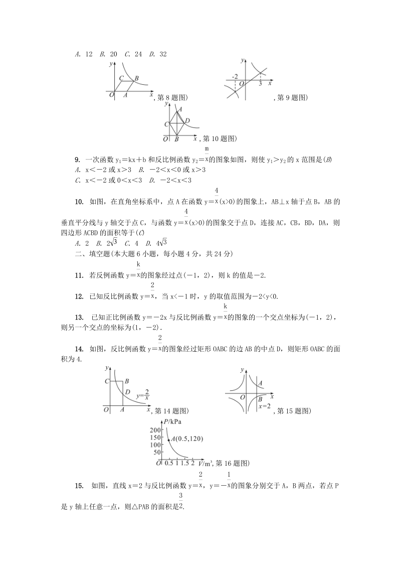 广东省2018年秋九年级数学上册《第六章反比例函数》单元综合检测题（含答案）_第2页