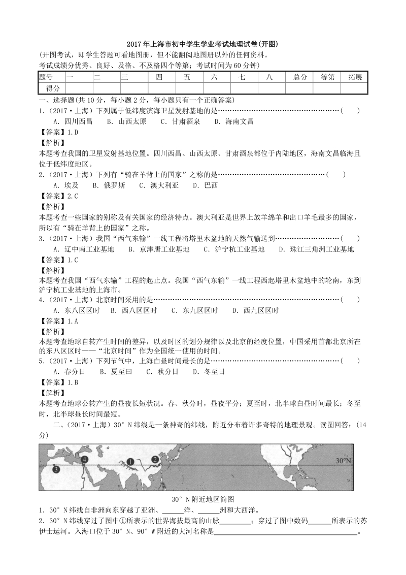 2017年上海市学业考地理试卷（有答案解析）_第1页