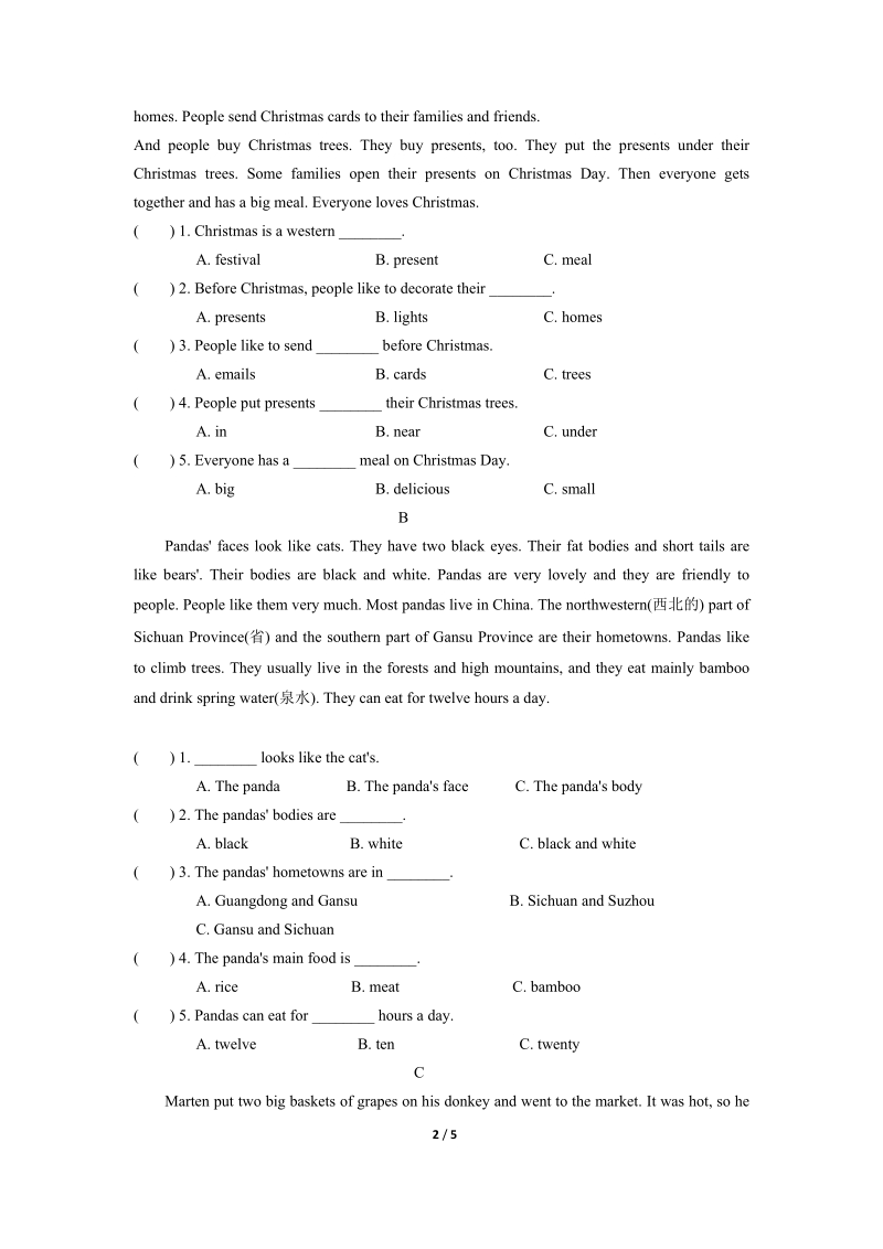 外研版（三起）英语六年级上专项训练三：完形与阅读（含答案）_第2页