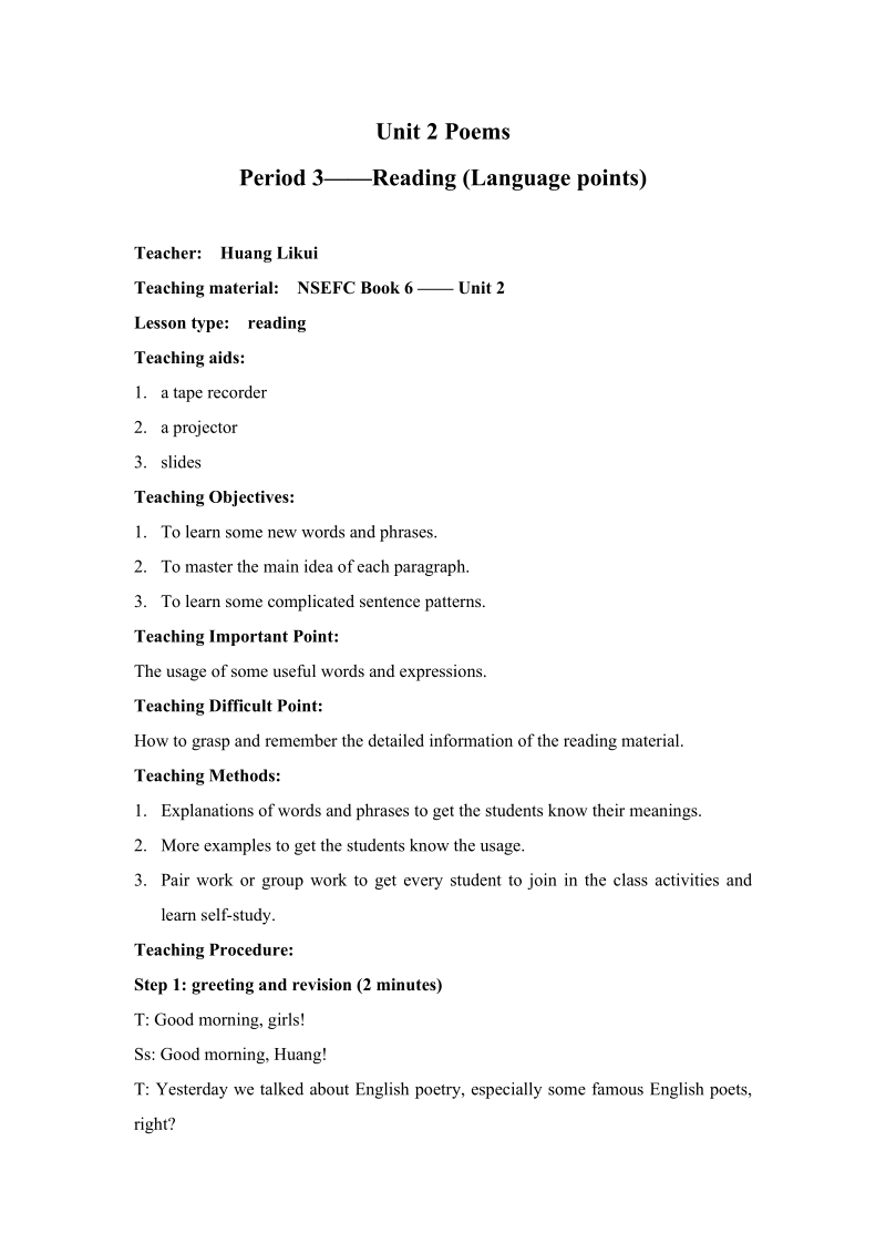 人教新课标高中英语选修六Unit2 Period3教案_第1页