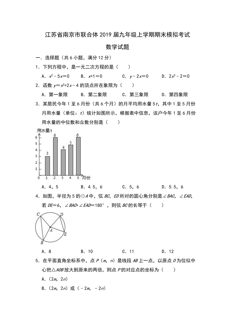 江苏省南京市联合体2019届九年级上学期期末模拟考试数学试题（含答案解析）_第1页