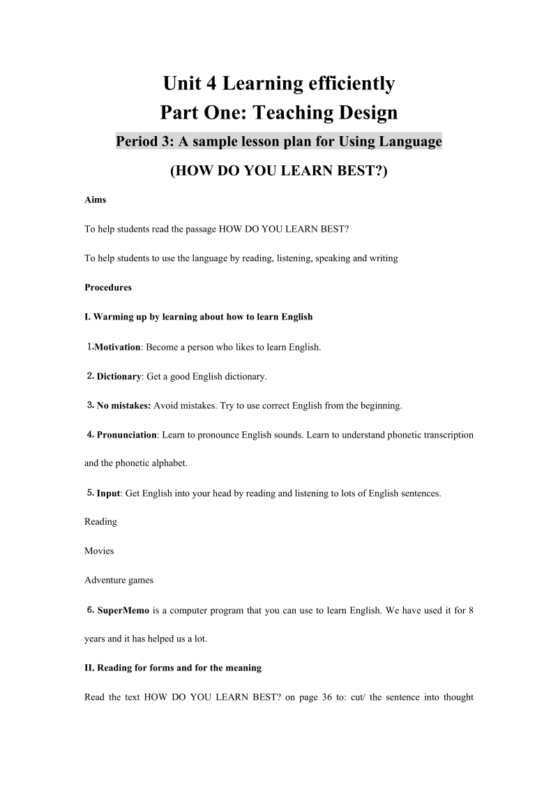 人教新课标高中英语选修十《Unit4 Using Language》教学设计_第1页