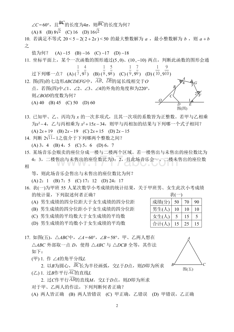 2016年台湾地区初中教育会考(中考)数学科题本(重考)含答案_第2页