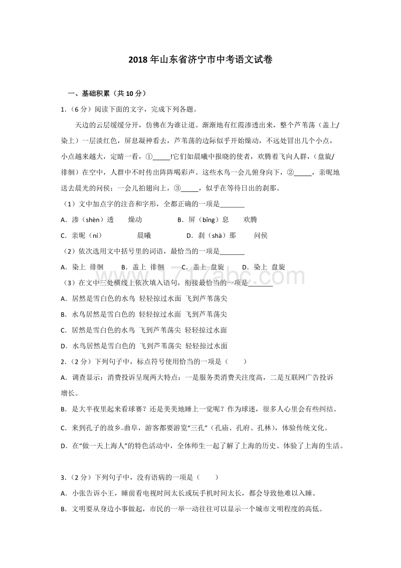 山东省济宁市2018年中考语文试题含答案解析_第1页