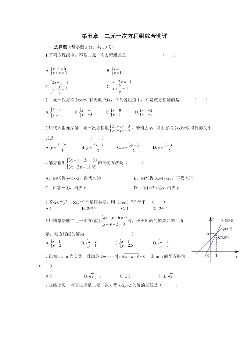 北师大版八年级数学上册：第五章二元一次方程组单元测试题（含答案）_第1页