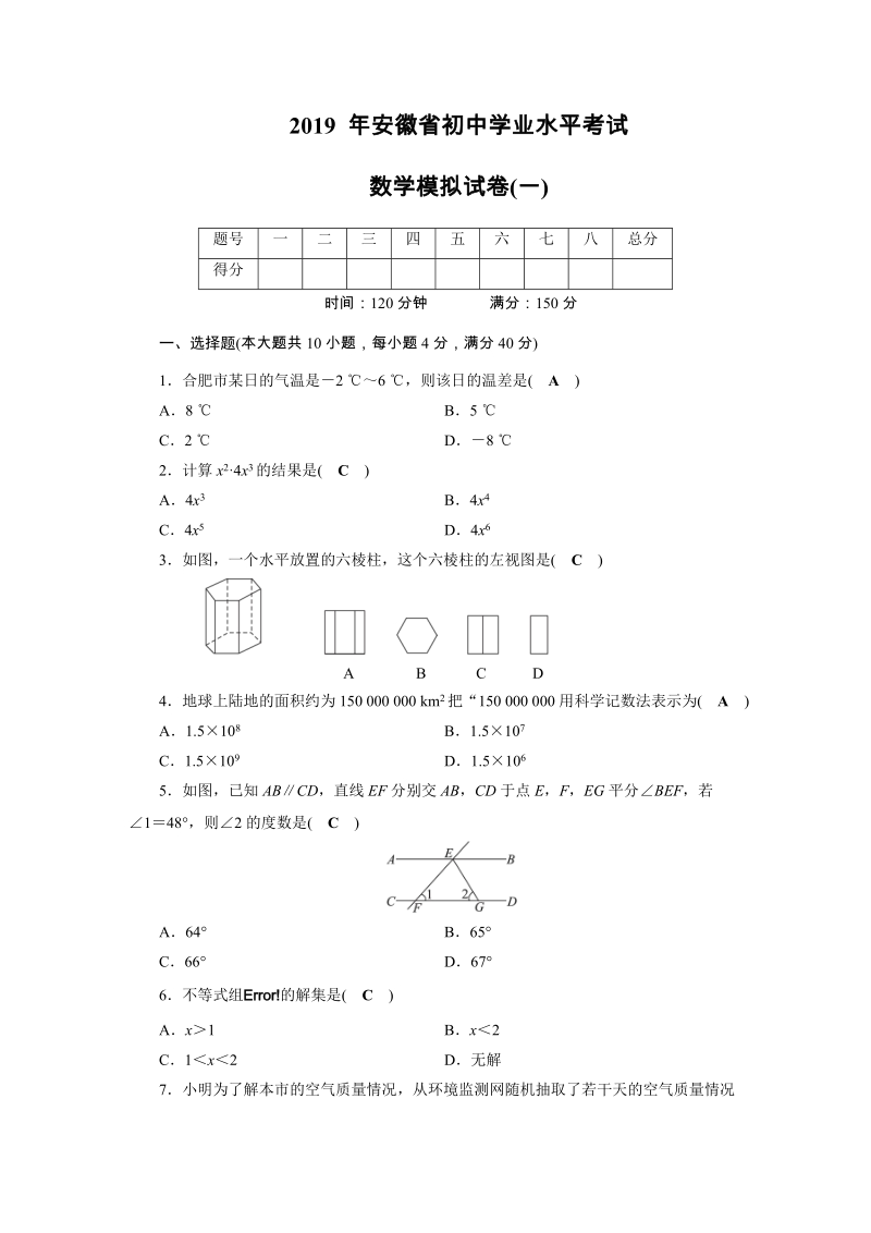 2019年安徽省初中学业水平考试数学模拟试卷（1）含答案_第1页