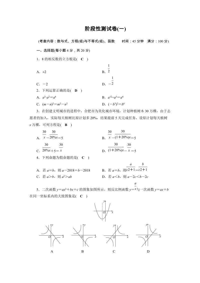 2019安徽数学中考一轮复习阶段性测试卷（1）含答案_第1页