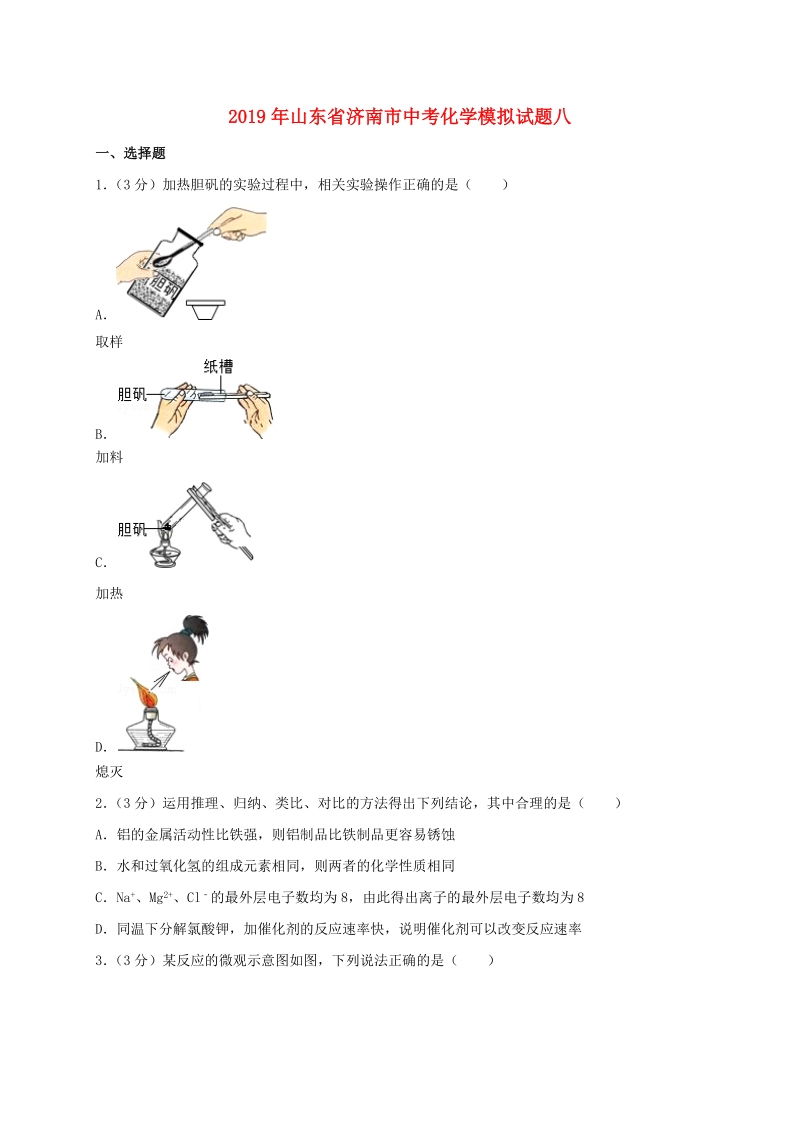 山东省济南市2019年中考化学模拟试题（八）含答案解析_第1页