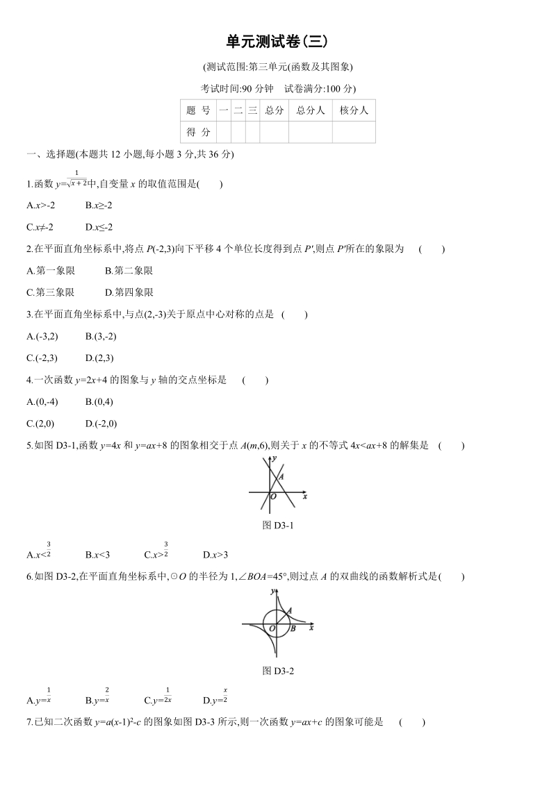 2019深圳中考数学第一轮《函数及其图象》单元测试卷含答案_第1页