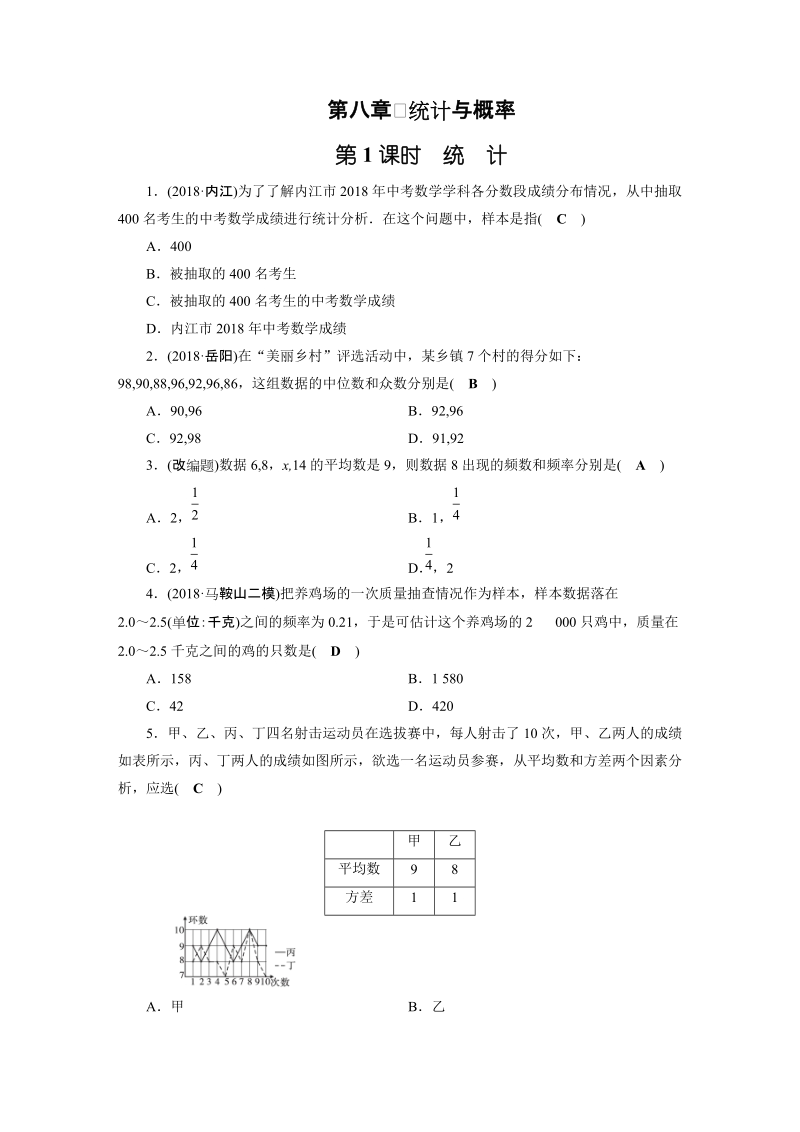 2019年安徽数学中考一轮复习《第8章第1节统计》同步练习（含答案）_第1页