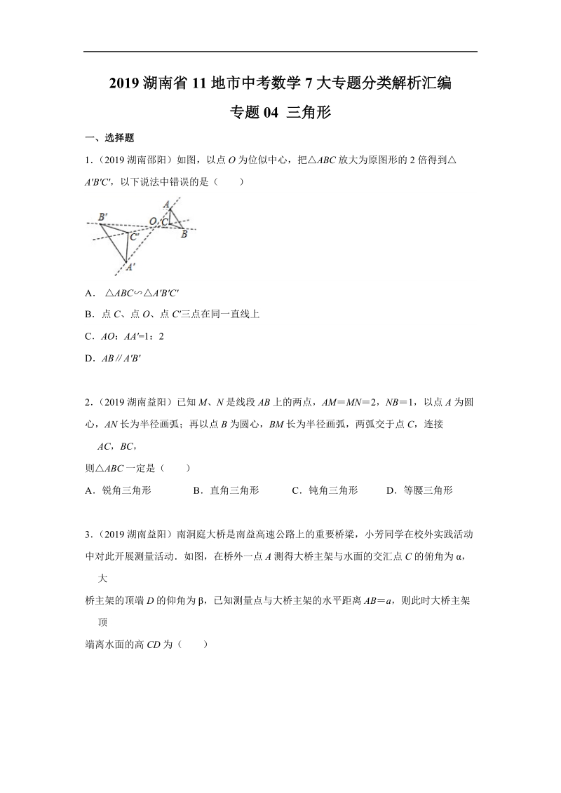 2019年湖南省中考数学真题分类汇编 专题4 三角形（原卷版）_第1页