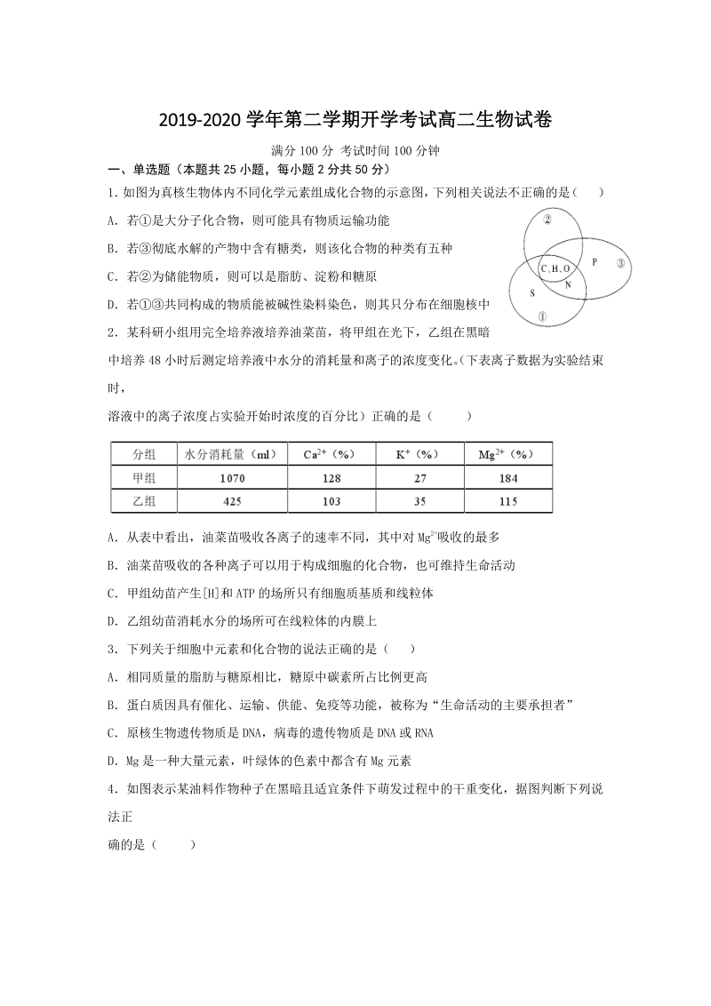 安徽省滁州市明光市2019年第二学期开学考试高二生物试卷（含答案）_第1页