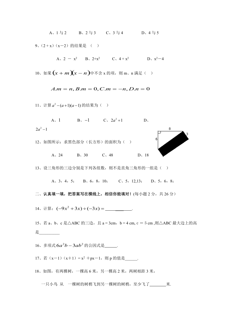 2019-2020学年度福建省泉州市实验学校八年级数学上册期中考试试卷含答案_第2页