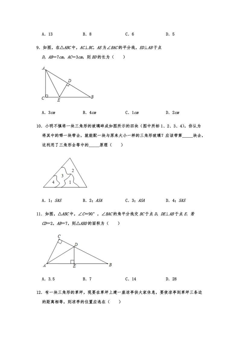 2019-2020人教版八年级数学上学期期末单元复习第12章全等三角形解析版_第3页