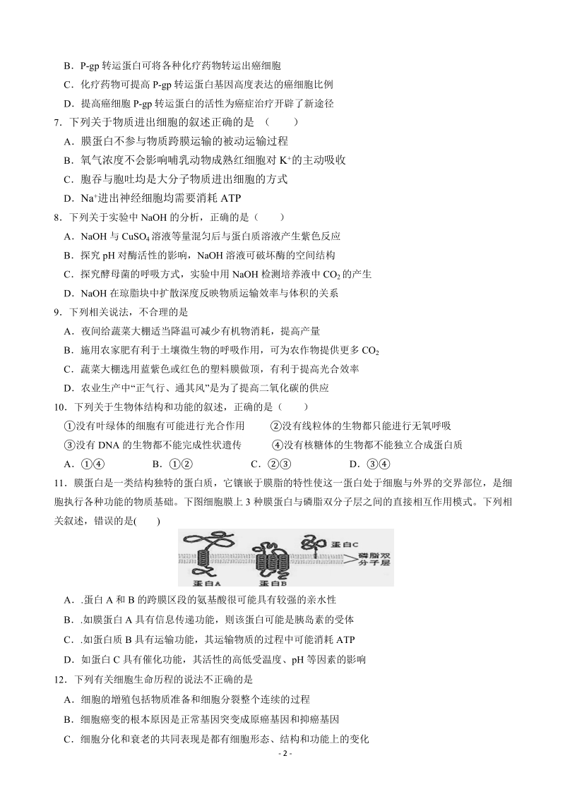 2020届安徽省六安市金安区高三11月月考生物试题含答案（历届）_第2页