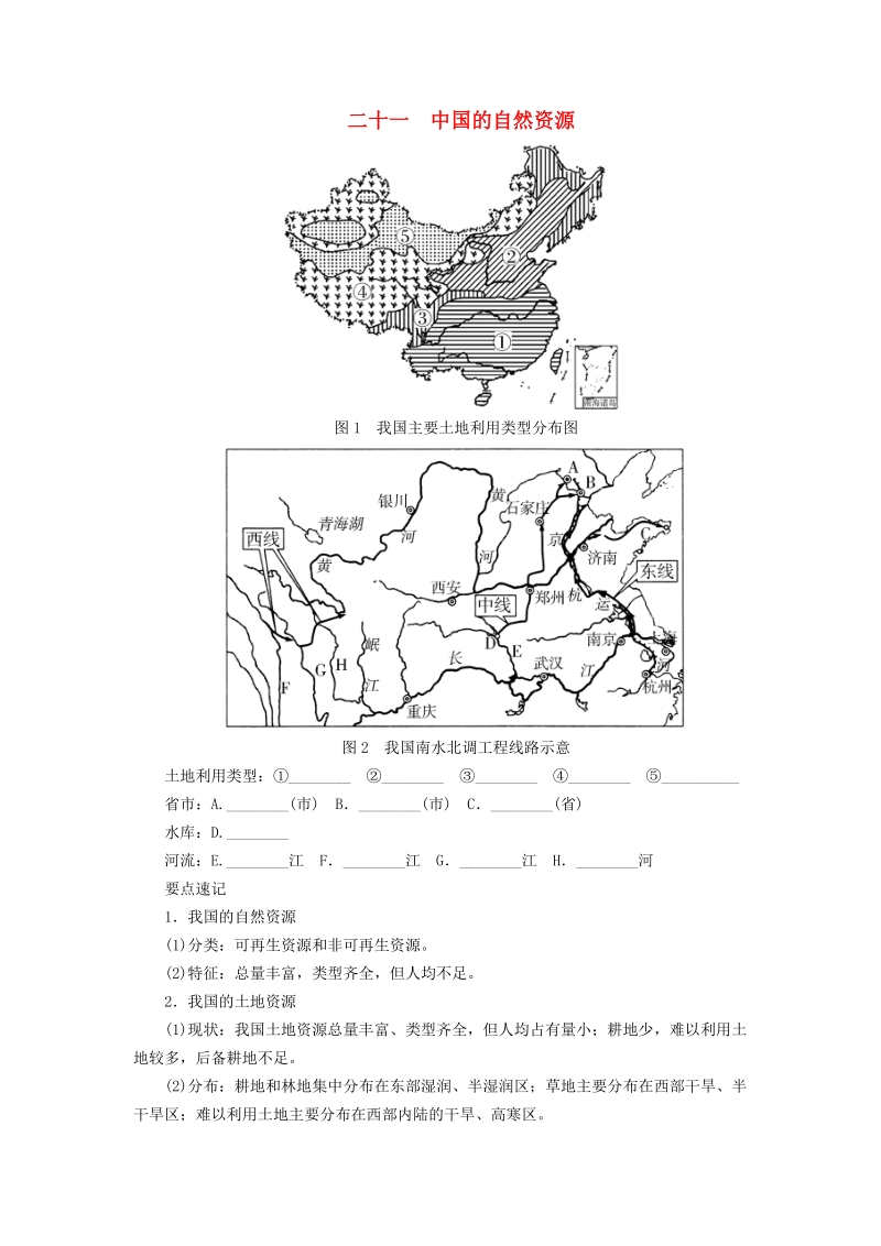 河南专版2019年中考地理总复习二十一《中国的自然资源填图》速记手册（含答案）_第1页