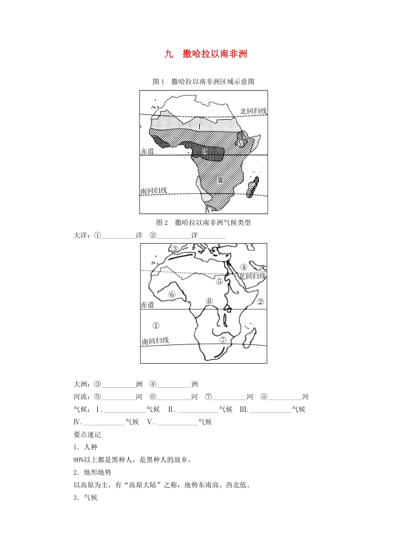 河南专版2019年中考地理总复习九《撒哈拉以南非洲填图》速记手册（含答案）_第1页