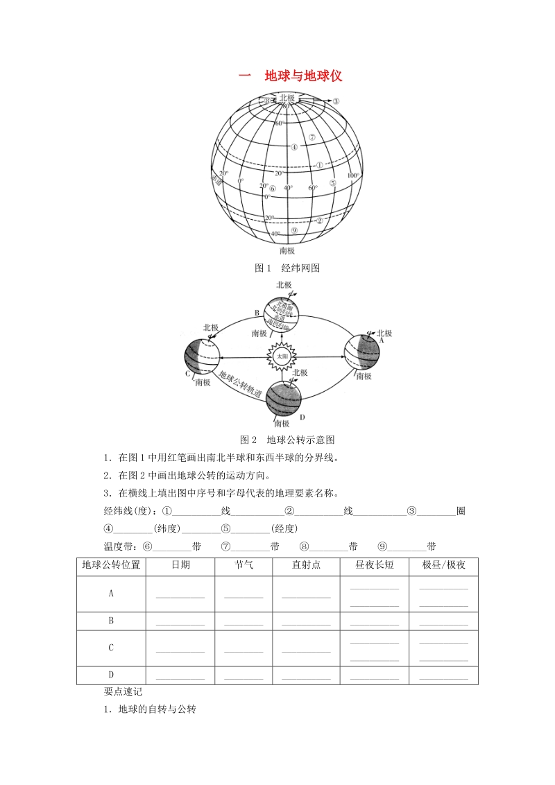 河南专版2019年中考地理总复习一《地球与地球仪填图》速记手册（含答案）_第1页