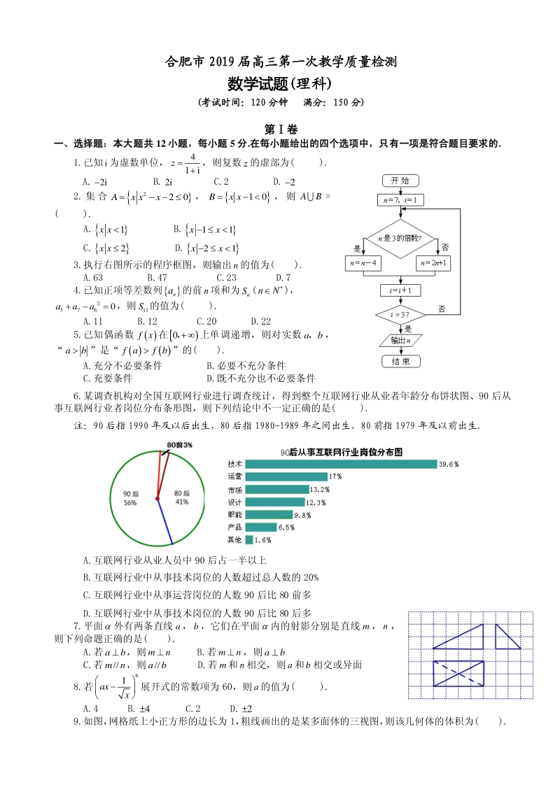 安徽省合肥市2019届高三第一次教学质量检测数学（理）试题含答案（pdf版）_第1页