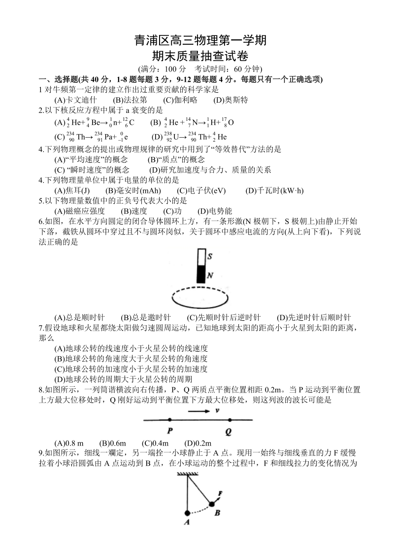 上海市青浦区2019届高三物理（一模）期末质量抽查试卷（含答案）_第1页
