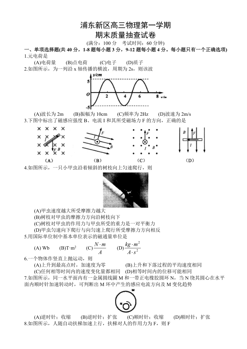 上海市浦东新区2019届高三物理（一模）期末质量抽查试卷（含答案）_第1页