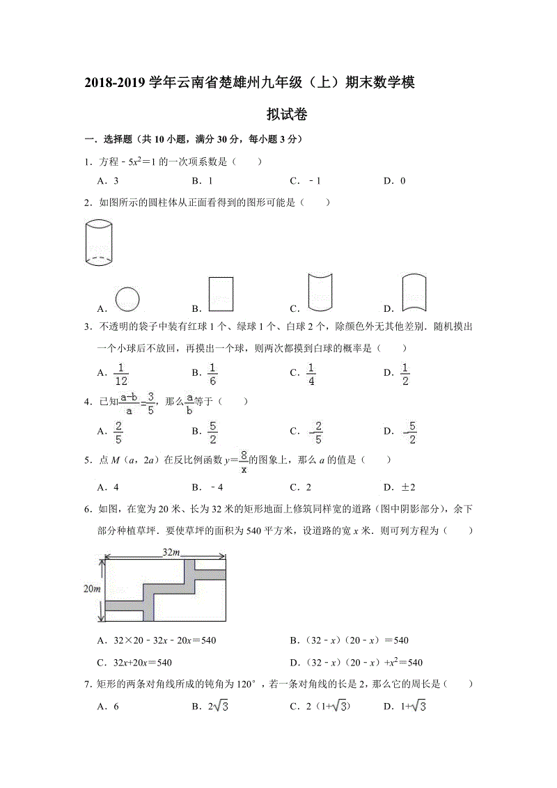 2018-2019学年云南省楚雄州九年级上期末数学模拟试卷含答案（PDF版）