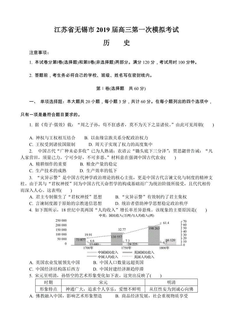江苏省无锡市2019届高三第一次模拟考试历史试卷（含答案）