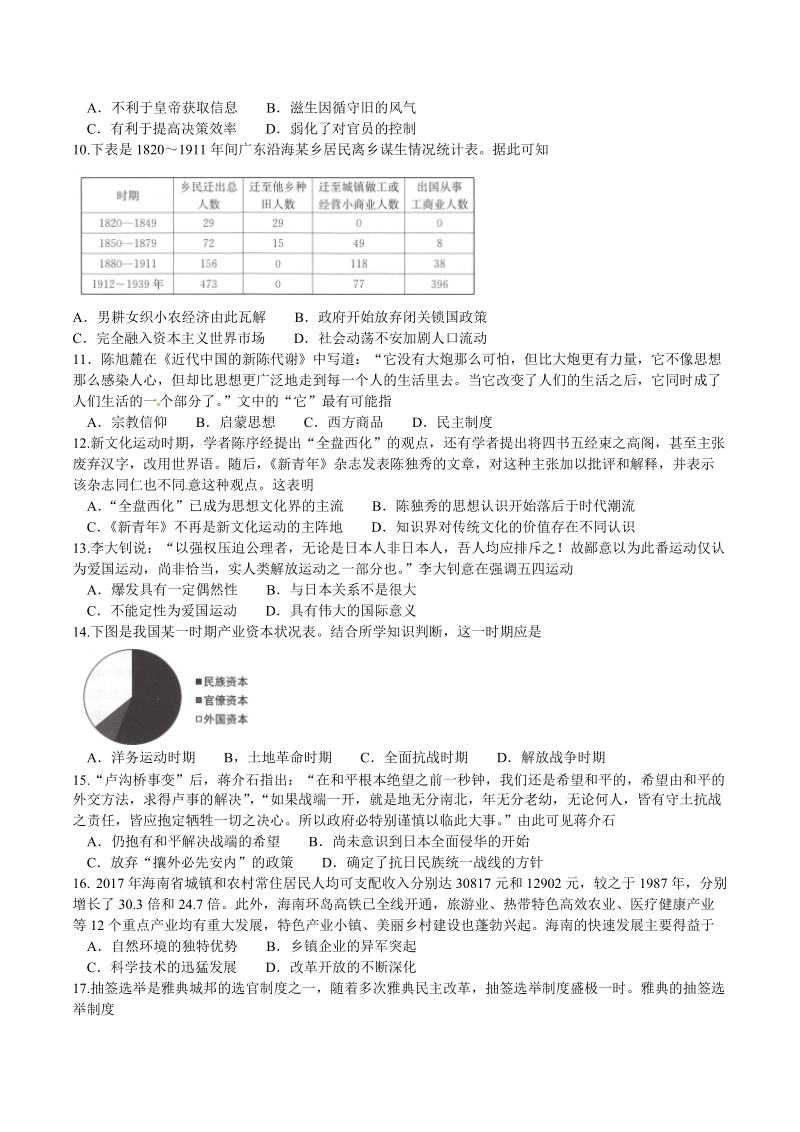 安徽省合肥市2019届高三第一次教学质量检测历史试题（含答案）_第2页