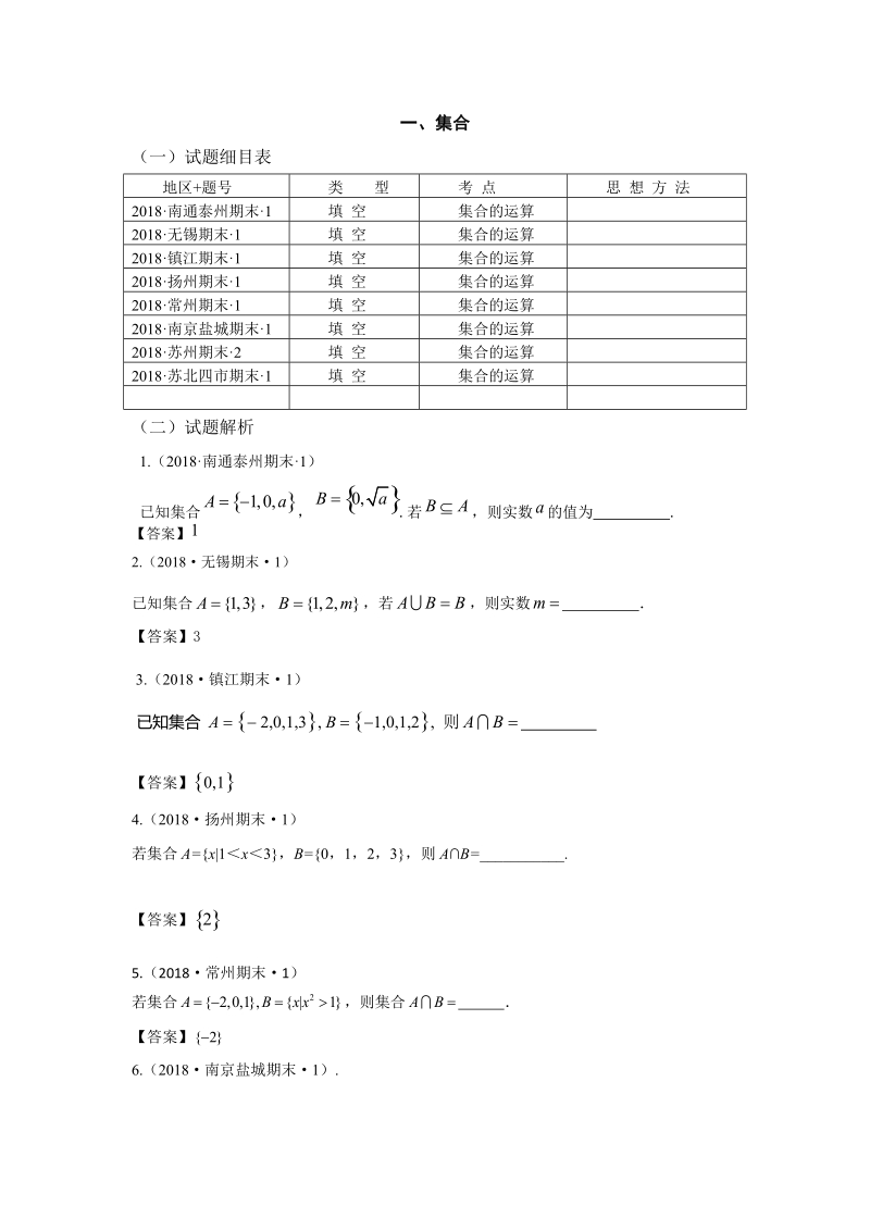 2018年江苏省高三上学期期末数学试题分类：集合、复数_第1页