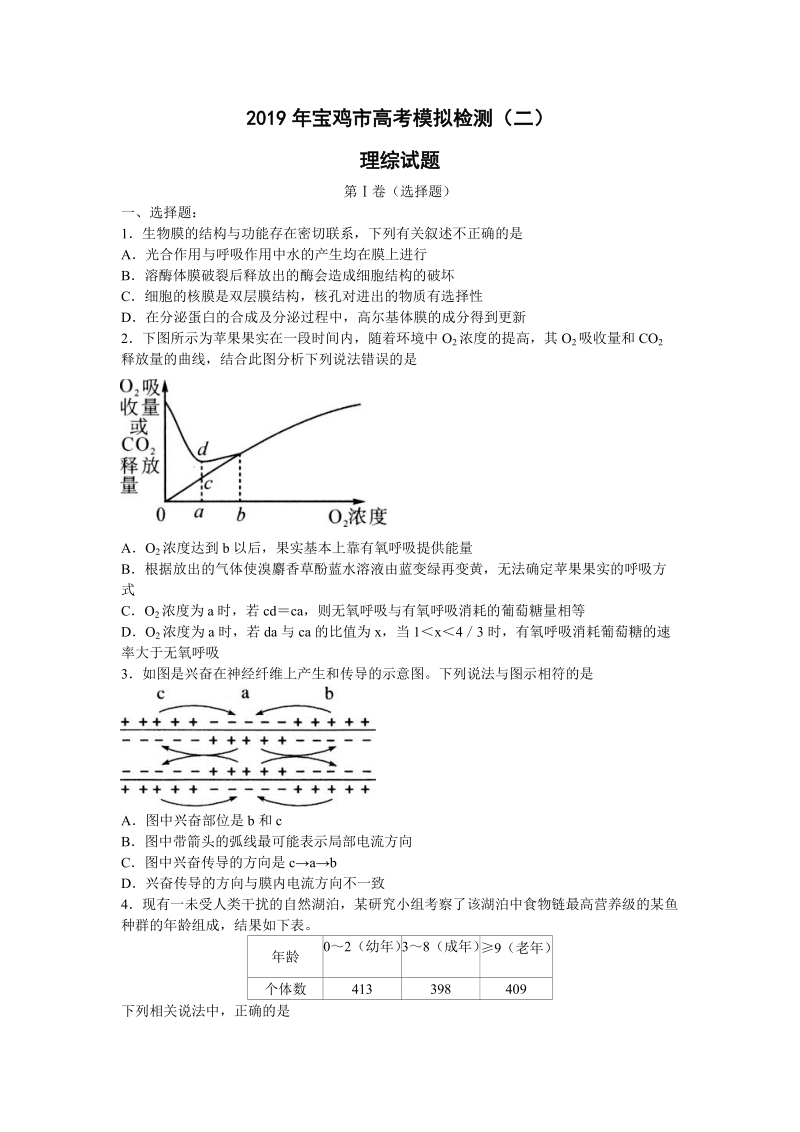 陕西省宝鸡市2019届高考模拟理综试题（二）含答案_第1页