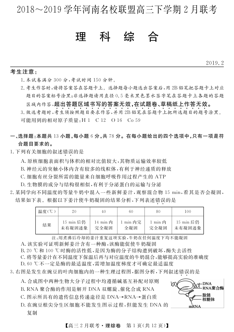河南省名校联盟2018-2019学年高三下学期2月联考理科综合试卷含答案（pdf版）_第1页