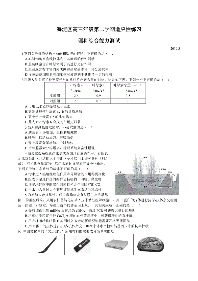 北京市海淀区2019年3月高三适应性练习（零模）理科综合试题（含答案）