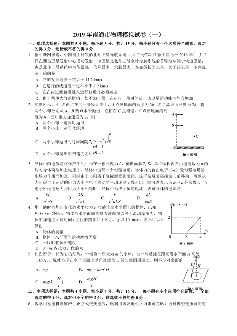 2019年江苏省南通市高三物理模拟试卷（一）含答案_第1页