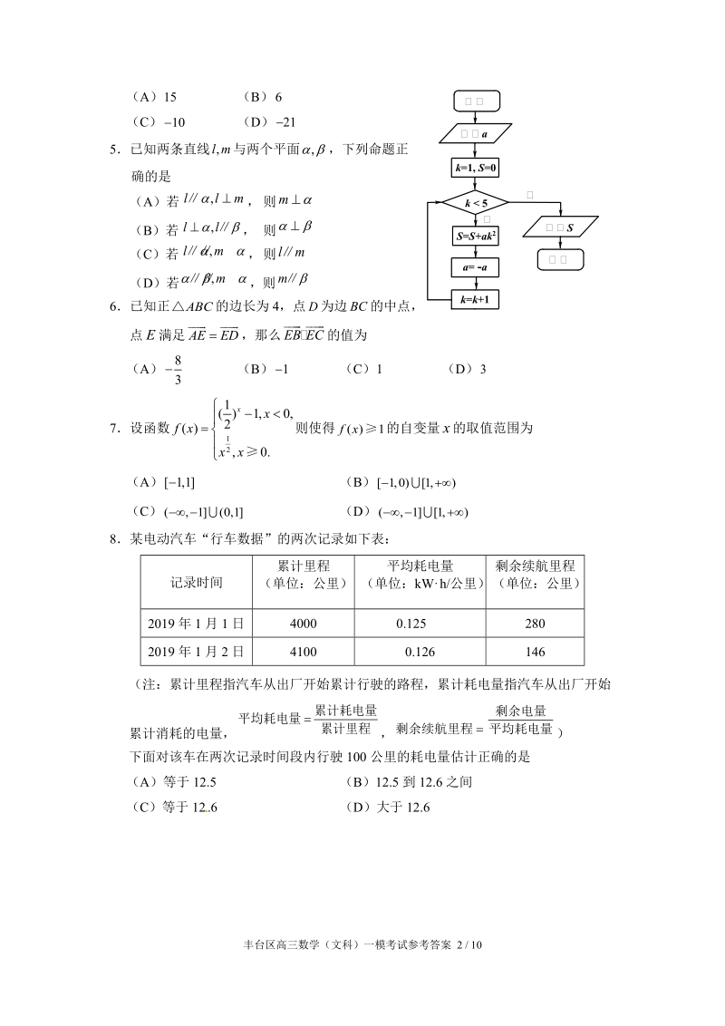 北京市丰台区2019年3月高三一模数学文科试卷（含答案）_第2页