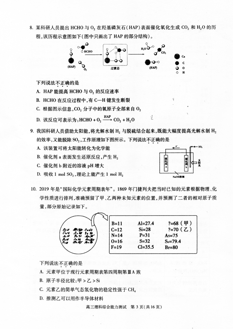北京市朝阳区2019年高三年级第一次综合练习理科综合试题（含答案）_第3页