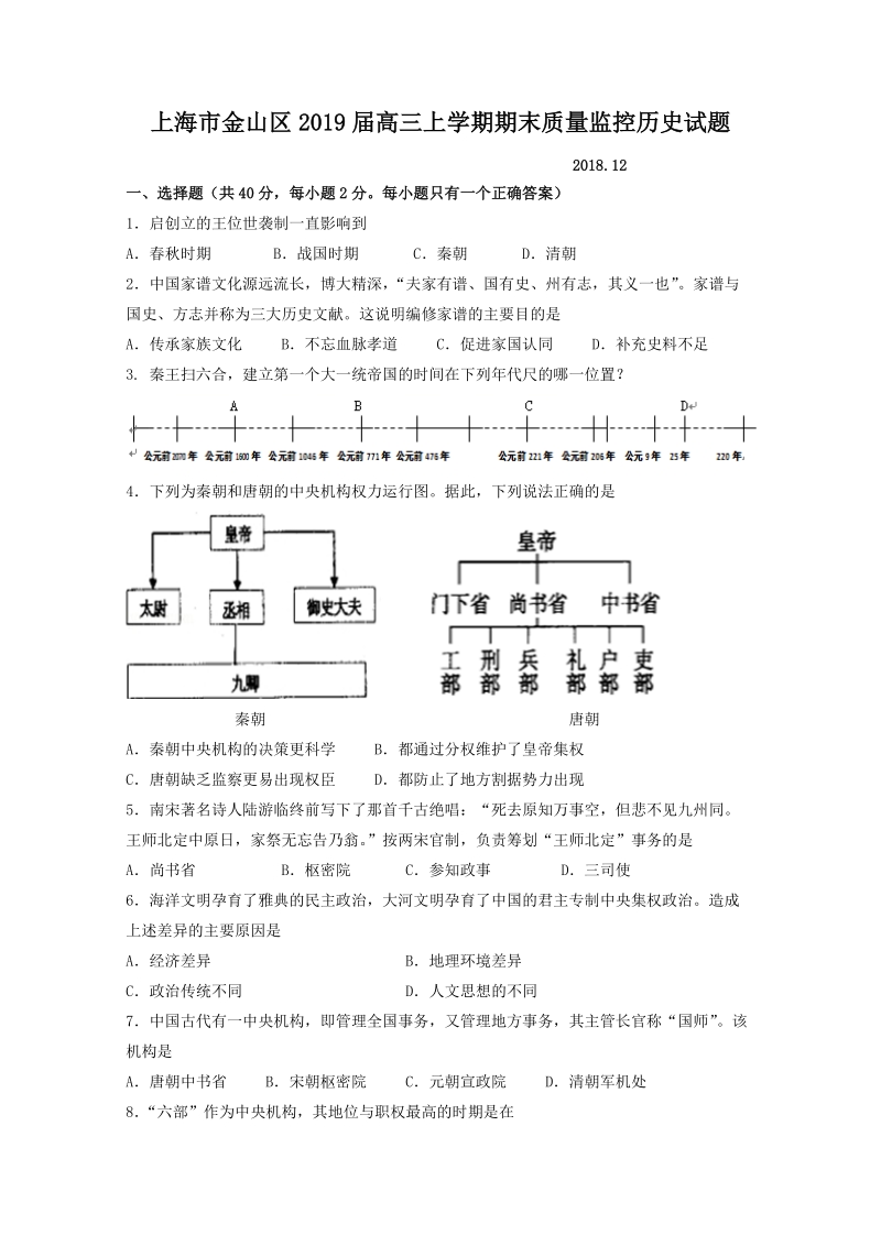 上海市金山区2019届高三上学期期末质量监控历史试题（含答案）_第1页
