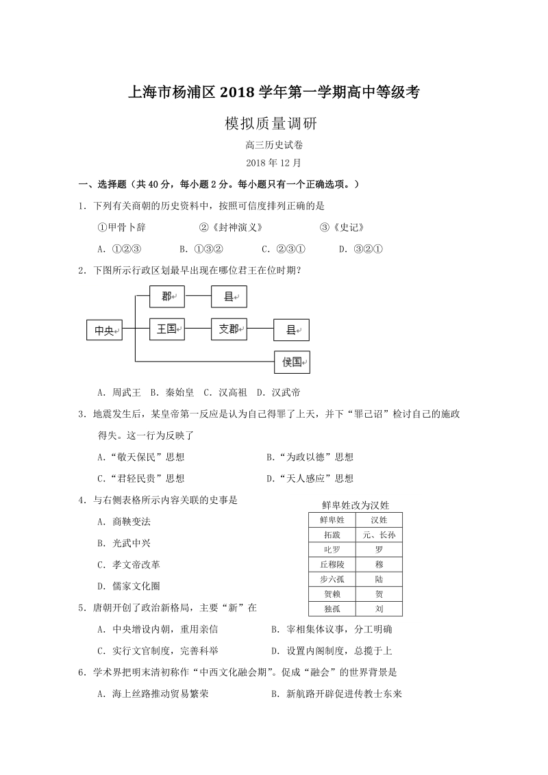 上海市杨浦区2019届高三上学期等级模拟考期末质量调研历史试题（含答案）_第1页