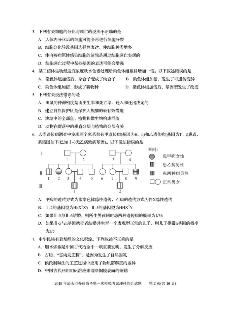 广东省汕头市2019届高三第一次模拟考试理综试题含答案（PDF版）_第2页