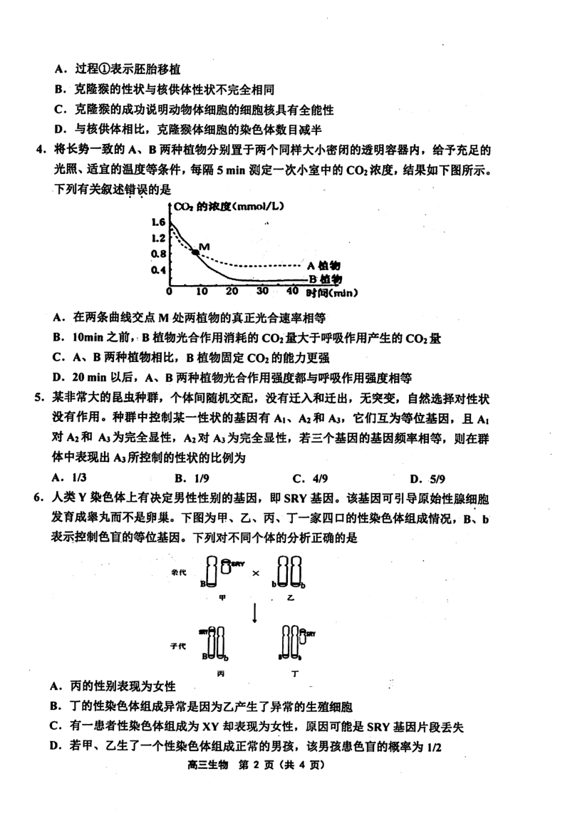 天津市部分区2019届高三下学期质量调查（一）综合理科生物试卷（含答案）_第2页